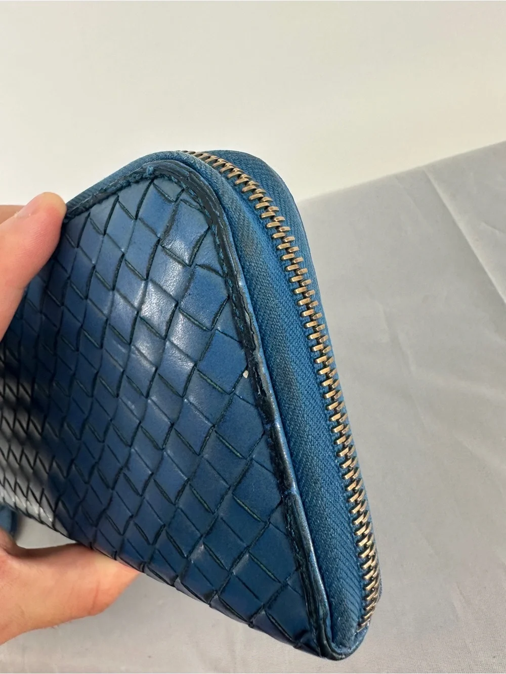 Bottega Veneta blue woven intrecciato long zip wallet